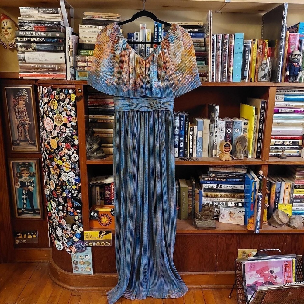 Vintage 70s blue and orange floral floor length dress